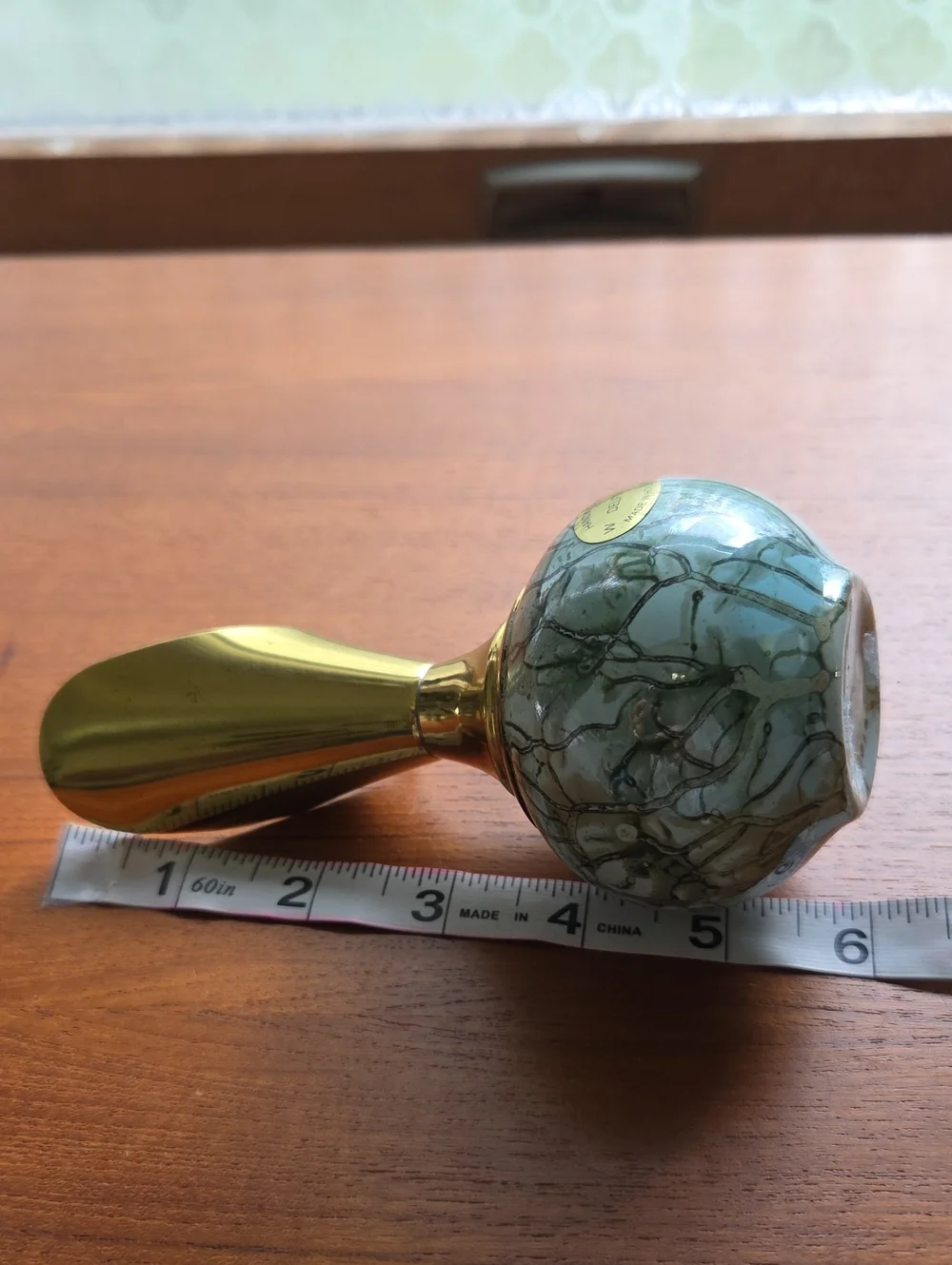 Vintage Old Dutch Delft Handle in Holland Blue-Green Ceramic P with Brass Accent